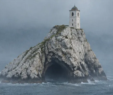 Batu pucat dengan gua laut dan menara berkapur putih.