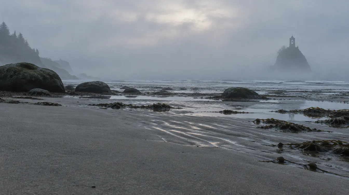 Pantai pasir kelabu saat surut pagi, kabut tebal di laut dan satu menara samar di kejauhan.